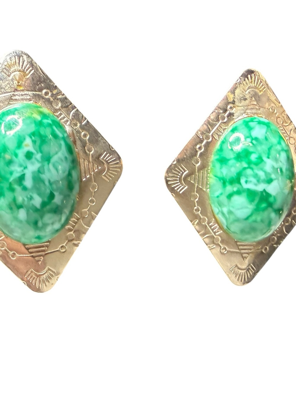 Vintage Southwestern Faux Jade Statement Clip Earrings Silver Tone Geometric - Picture 7 of 10